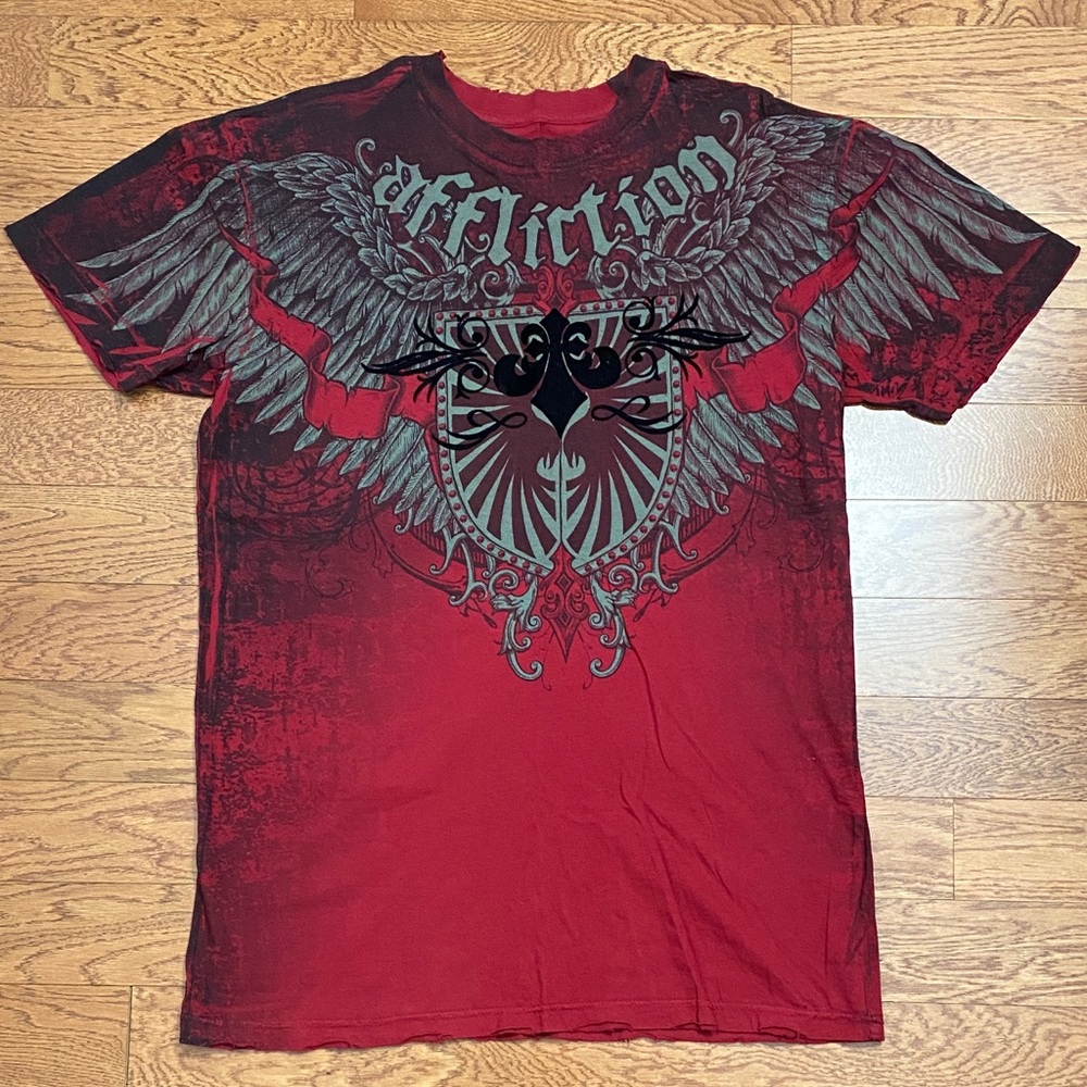 Affliction Red and Black Short Sleeve Tee with Ornate Graphic